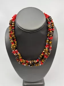 R.B. Running Bear Red Coral Tigers Eye Chunky Necklace 17”-21” NIB never worn! - Picture 1 of 10