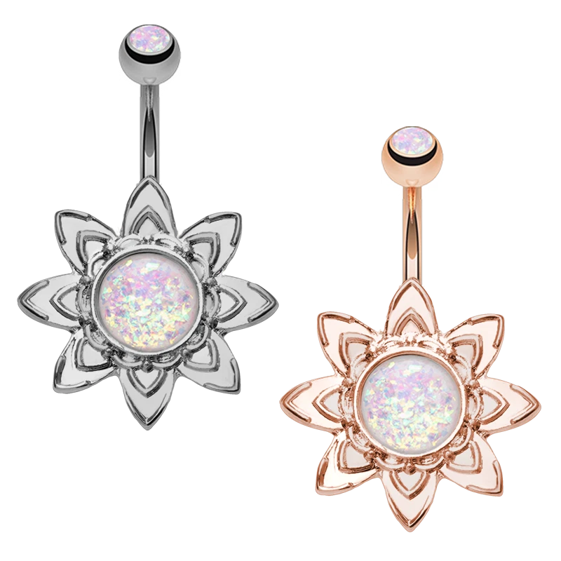 Rose Gold Blooming Opal Flower Belly Ring Silver Vine Leaf Sexy Body Jewelry - Image 1 of 1