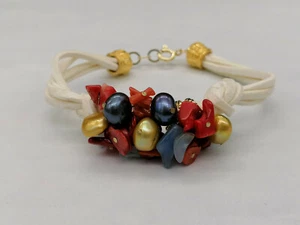 Armband Frauen Rote Koralle Aquamarin Perle Grau Achat Blau Einstellbar - Bild 1 von 8