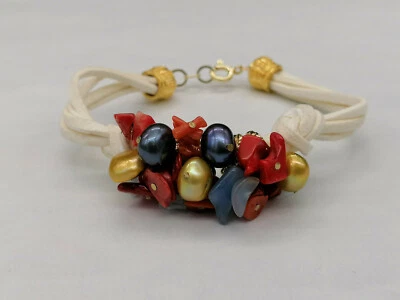bracciale da donna corallo rosso acquamarina perla grigia agata blu regolabile - Immagine 1 di 4