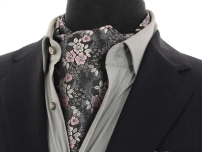 FASHION HABITAT Maßgefertigt Blumenmuster Herren Krawatte Schal Ascot Paisley Schwarz Rosa Grau