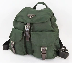 Authentic PRADA Green Nylon and Brown Leather Backpack Bag Purse #57240A - Picture 1 of 15