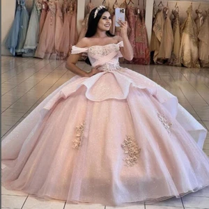 Pink Quinceanera Sweet 16 Dresses Off the Shoulder Glitter Party Prom Ball Gowns - Picture 1 of 9