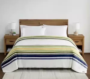 Pendleton Soft Plush Blanket Pinto Basin Queen 98" x 92" Ivory Blue Striped NIP - Picture 1 of 11