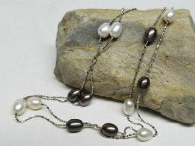 Collar de piedras preciosas de perlas cultivadas naturales por yarda 9-12 mm negro blanco 36"" Foto 1 de 4