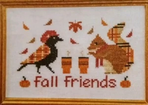 Cross Stitch "FALL FRIENDS" pattern ~ grackle, squirrel, coffee, leaves - Picture 1 of 1