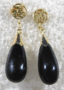 DESIGNER 14K GOLD Black STONE MANUFACTURED Post DANGLE EARRINGS Estate @ Market - Picture 1 of 2