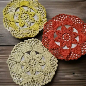 Set of 3 Handmade crochet Doily 4" coaster liner yellow & orange - Picture 1 of 5