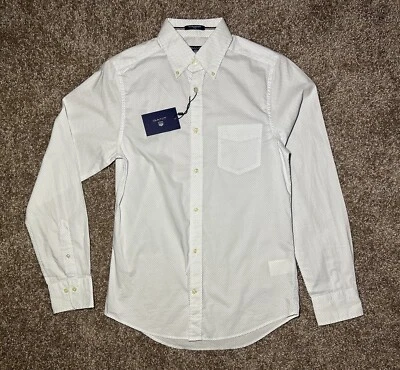 Camisa de vestir Oxford para hombre GANT tela ancha blanca azul lunares ajustada talla S nueva con etiquetas Foto 1 de 4