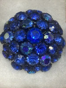 Vintage Royal Blue Weiss AB Domed Brooch Pin Metallic Back Rhinestone - Picture 1 of 9