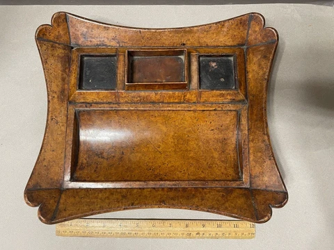 ANTIQUE BURL WOOD WALNUT WRITING DESK INKWELL STAND  (REPAIRED) VICTORIAN Cover