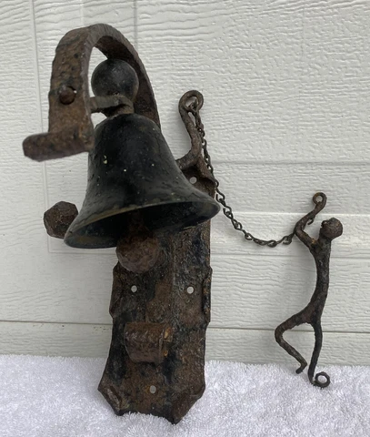 Victorian Georgian Wrought Iron Pull Chain Door Bell w/Figural Monkey Handle Cover