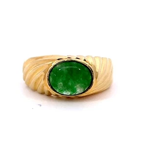 18K Yellow Gold Dyed Green Jade Men's Ring Size 9.25 - J288 - Picture 1 of 11