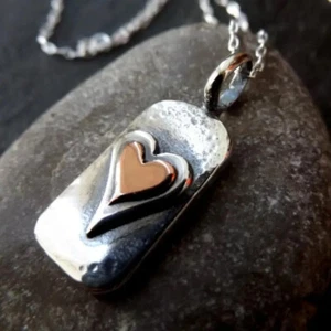 Textured Double Layer Tag with Heart Pendant Necklace Silver - Picture 1 of 6