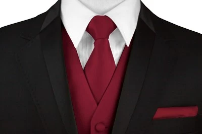Men's Burgundy Satin Formal Tuxedo Vest Tie & Hankie Set Wedding Prom Homecoming - Image 1 of 4