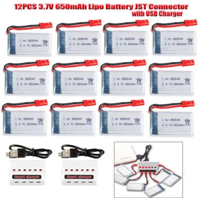 12PCS 3.7V 650mAh Lipo Battery JST Connector + USB Charger for RC Quadcopter - Image 1 of 4