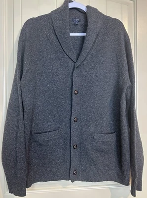 J. Crew Lambs Wool Cardigan Mens L gray Button up Sweater Shawl Collar - Image 1 of 4