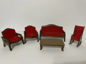 Juego de muebles de madera de terciopelo rojo 1:12 para casa de muñecas sillas sofá mesa - Imagen 1 de 16