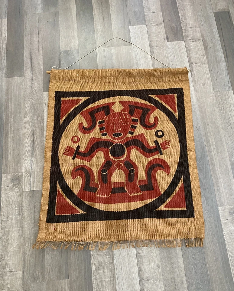 Tapiz mesoamericano de arpillera con estampado moderno de mediados de siglo para colgar en la pared textil Foto 1 de 4