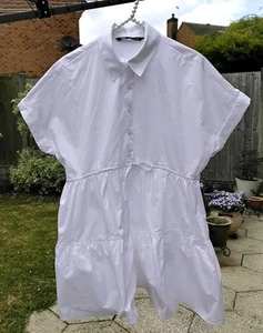 ZARA Ladies White Cotton Mini Dress. Short Sleeve. Pull In Waist. Small. Ex Cond - Picture 1 of 18