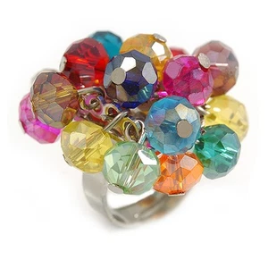 Multicoloured Glass Bead Cluster Ring in Silver Tone Metal - Adjustable 7/8 - Picture 1 of 6