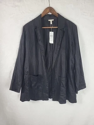 EILEEN FISHER Organic Linen Long Open Front Blazer Black Collared Pockets Large - Image 1 of 4