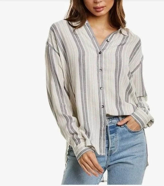 NUEVO CON ETIQUETAS Espléndido Cuello Lateral Dividido a Rayas Abotonadas Manga Larga Blanco Talla Pequeña Foto 1 de 4