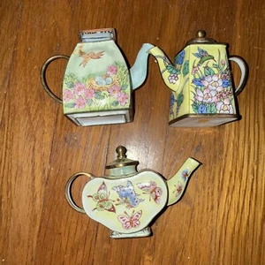 3er Set Miniatur Messing emailliert Teekanne, Insekten und Blumen - Bild 1 von 3