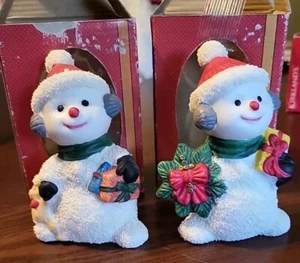2er Set handbemalte Porzellan Schneemann Figuren im Originalkarton 1996 Vintage - Bild 1 von 12