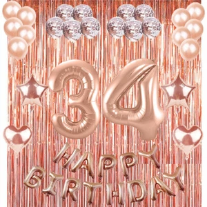 34th Rose Gold Happy Birthday Banner Confetti Balloon Party Decoration Supplies - Picture 1 of 3