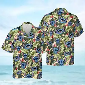 Cute Stitch Ohana Means Family Stitch Tropical Leaves Summer Hawaiian Shirt - Picture 1 of 2