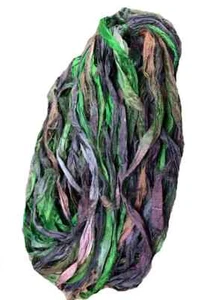 Recycled Sari Silk Ribbon Yarn -Green ,Black, shaded -50 GMS - Boho Silk Ribbon - Picture 1 of 5