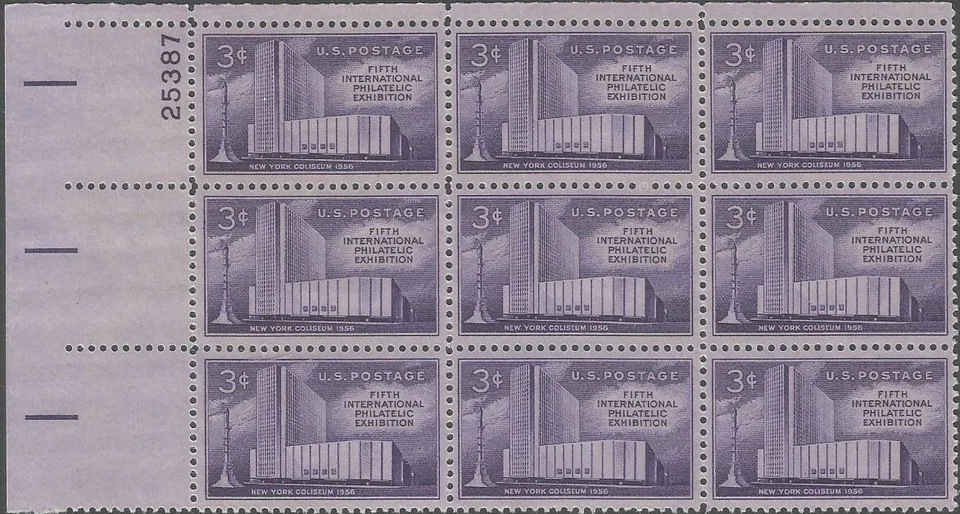 Plate Block of 9 - Scott 1076 - 3 cent - Philatelic Exhibition - 1956 - MNH - Image 1 of 1