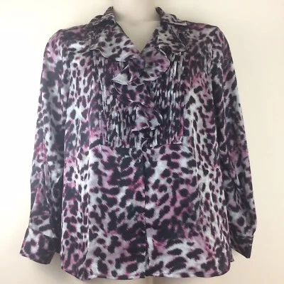 Jones NY Signature Top Blouse Pink Animal Print Ruffled Pleated Womens Size 1X Foto 1 de 4