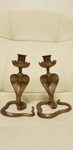 Vintage Retro Indian Brass Snake Serpent Cobra Candlestick Candle Holders Pair - Picture 1 of 12