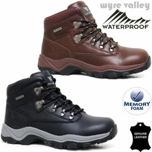 Mens MEMORY FOAM Leather Walking Hiking Waterproof Ankle Boots Trainers Shoes - Picture 1 of 18