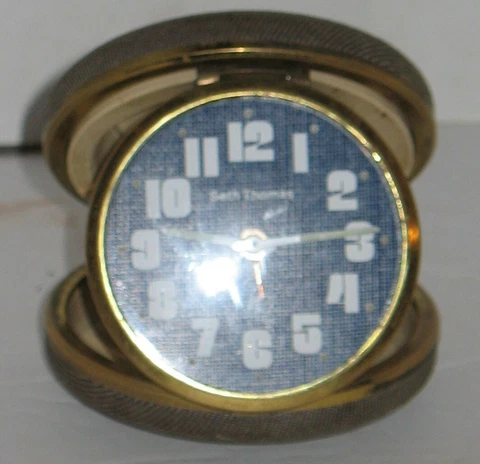 Vtg Seth Thomas Blue Dial Brown Case Wind-Up Travel Alarm Clock Hard Case Works Cover