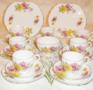 Bone China Tea Set 24 Piece Pink Yellow 30s 🍰Staffordshire Diamond China - Picture 1 of 11