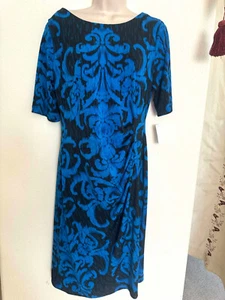 Connected Size 12 Floral Blue Black Side Pleats Dress Women Stylish Cut $75 NEW - Picture 1 of 10