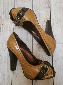 NAUGHTY MONKEY 7.5 LEATHER BROWN TAN SWIRL PEEP TOE HEEL SHOES - Picture 1 of 10