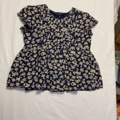 Ralph Lauren 10 Niñas Top Campesino Calado Azul Marino Beige Floral Plisado Manga Gorra Foto 1 de 4