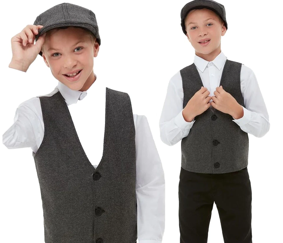 1920s Gangster Boy Gorra Plana y Chaleco Peaky Blinders Vestido Elegante Conjunto Foto 1 de 1