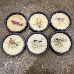 6 VTG Round Bird Coasters Cardinal Chickadee Robin Finch Ornithology Ridged - Picture 1 of 10