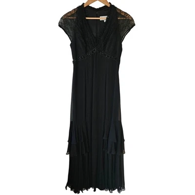 Vintage Badgley Mischka Silk Gown, Size 6 Beaded Empire Lace Ruffle Whimsigoth - Image 1 of 4