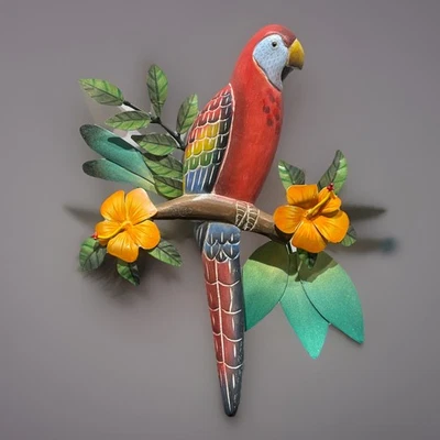 Decoración de pared de loro tallado a mano metal hibisco tropical Indonesia llave oeste exterior Foto 1 de 4