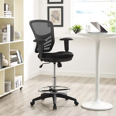 Modway Adjustable Swivel Ergonomic Desk Mesh Drafting Chair w/ Footrest in Black - Image 1 of 4