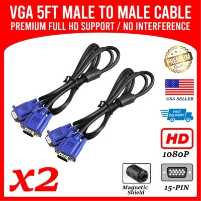 VGA Video Cable 5ft 1080p Full HD M/M Pc Tv Laptop Premium Quality 2-Pack - Image 1 of 4