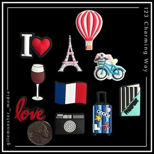 10 Shoe Charms for Crocs VACATION PARIS FRANCE Eiffel Tower Flag Passport Wine - Picture 1 of 2