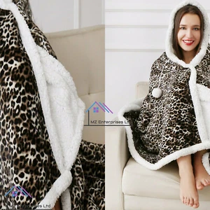 Manta con capucha súper suave para acurrucarse piel de leopardo lana sherpa regalo suave de invierno - Imagen 1 de 4
