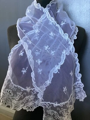 2 PCS LOVELY VINTAGE WHITE RAYON EYELET EMBROIDERED  NET SCARFS 34” LONG - Image 1 of 4